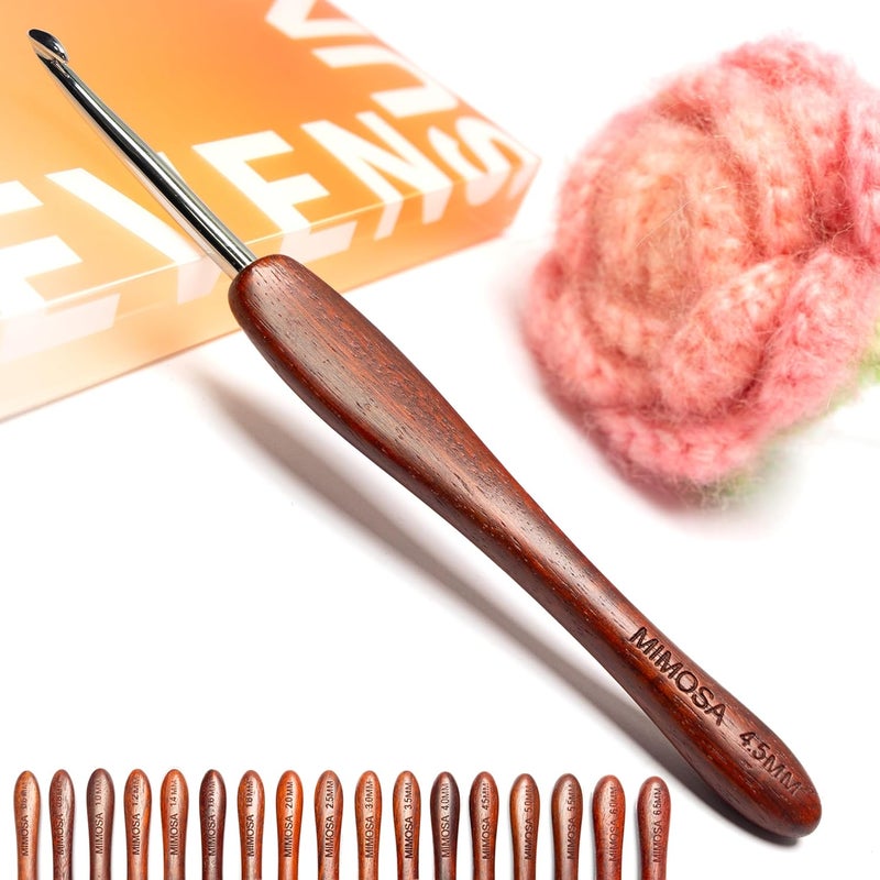 sevensun Mimosa 4.5mm Single Crochet Hook, Available in 0.6mm-6.5mm, Ergonomic Hand Polished Stainless Steel Inline Pointy Wood Handle Crochet Hook for Arthritic Hands, Mother's Day Gifts for Mom - Image 1